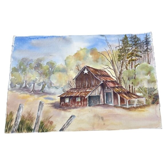 Watercolor Artwork Of Rustic Barn & Trees Farm landscape brown On Textured Paper - Picture 1 of 5